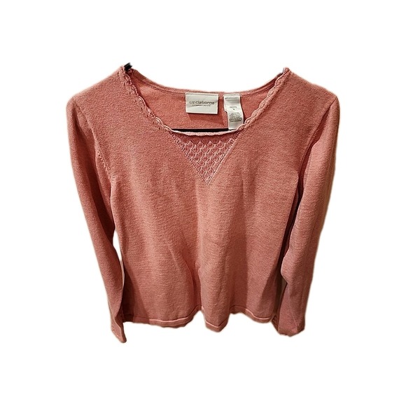 Liz Claiborne Sport Petite Pink Cotton Knit Top Lace Trim Crew Neck - Picture 1 of 5